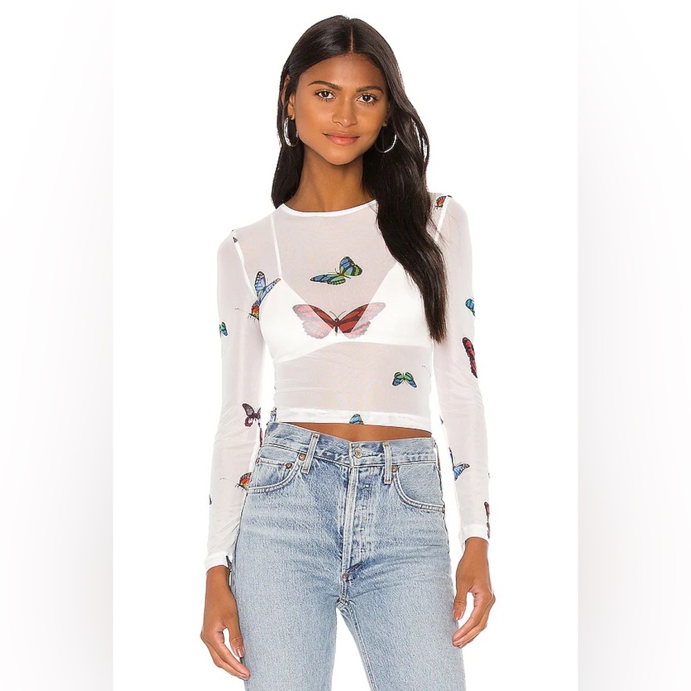 Superdown White Butterfly Print Sheer Top